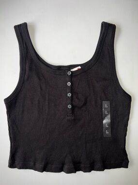 Uniqlo Black Ribbed Henley Crop Tank Top